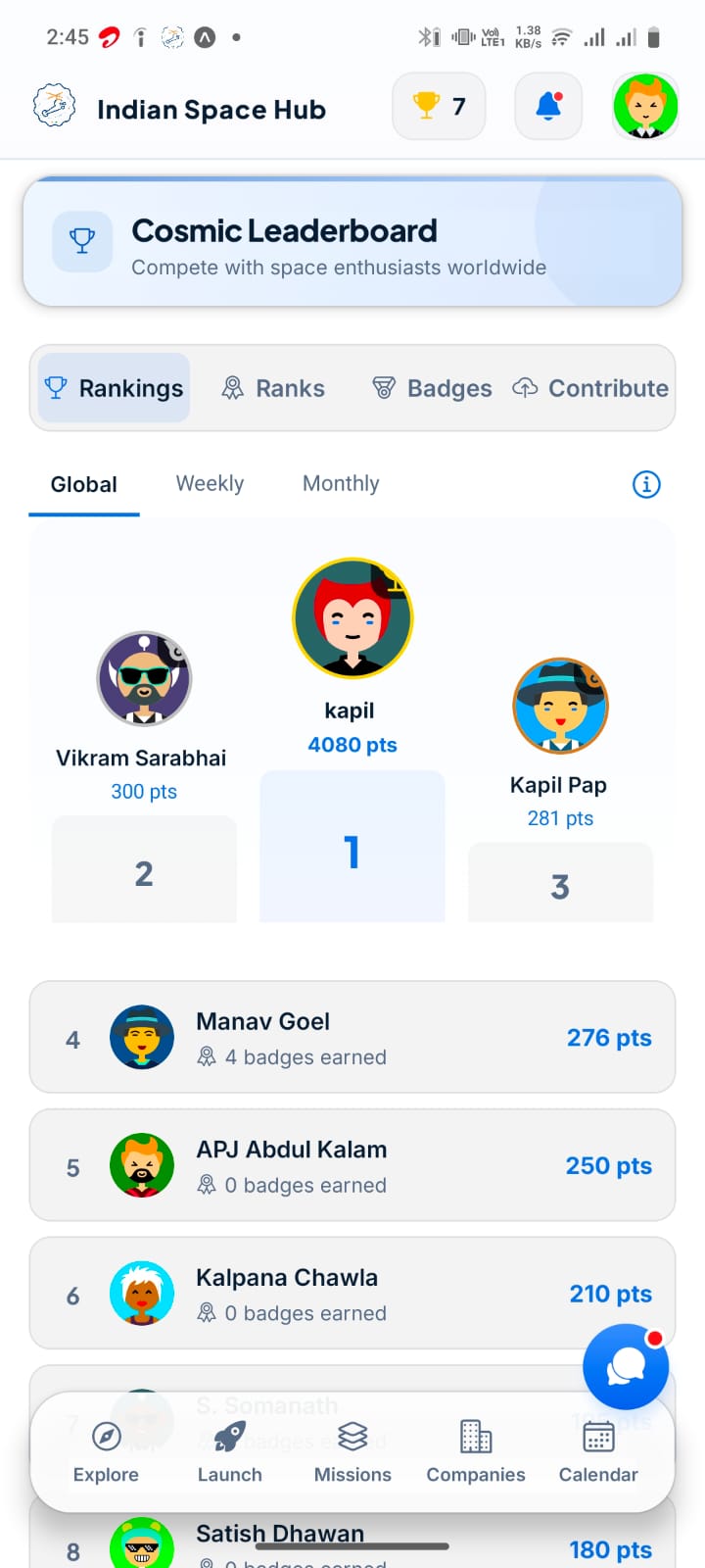 Indian Space Hub: Cosmic Leaderboard with global, weekly and monthly rankings and badge system
