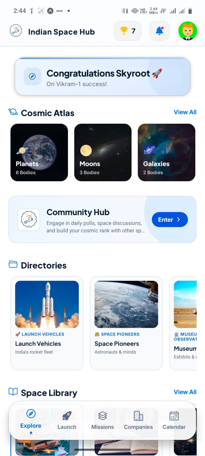 Indian Space Hub: Cosmic Atlas with planets, moons, galaxies; Directories for launch vehicles and space pioneers; Space Library section