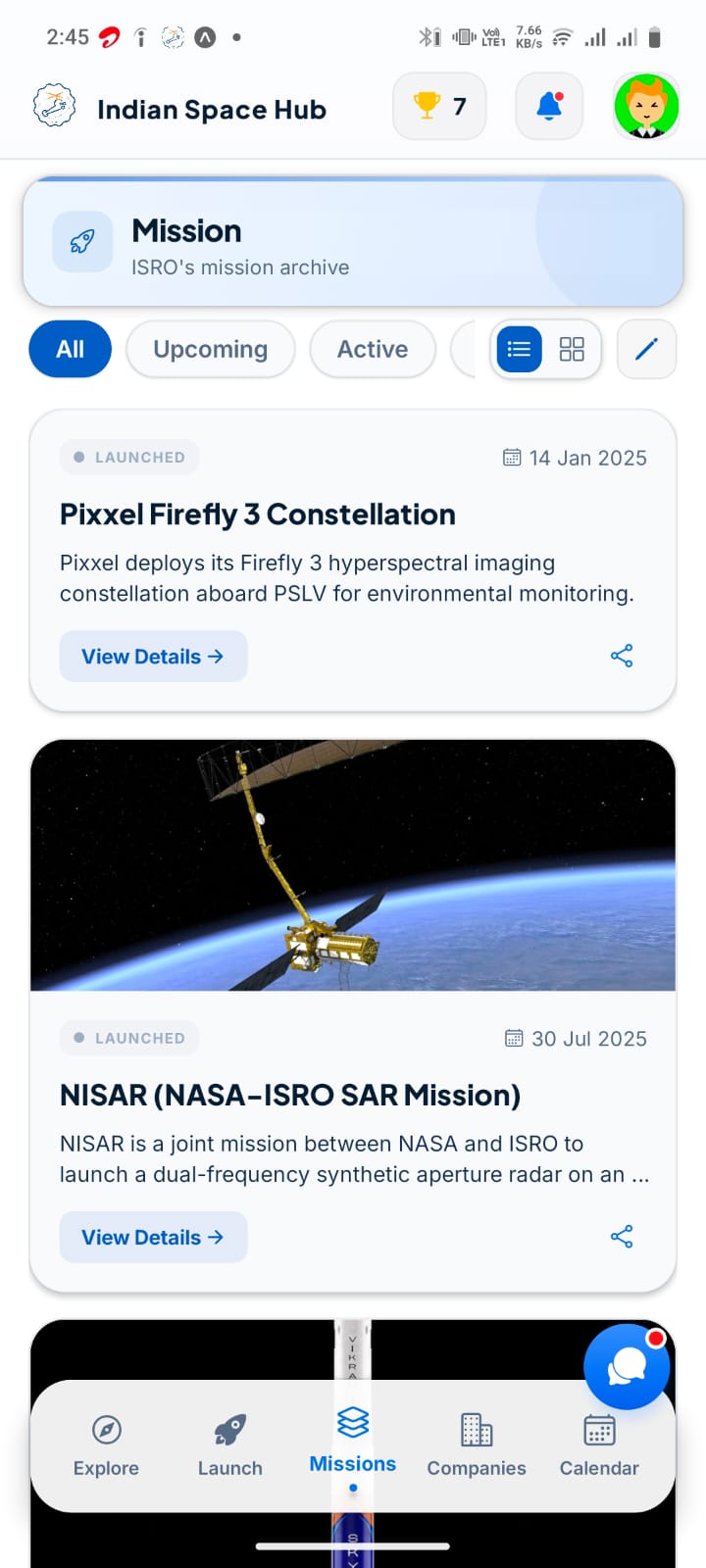 Indian Space Hub: Mission archive showing ISRO missions including NISAR and Pixxel Firefly with upcoming/active filters