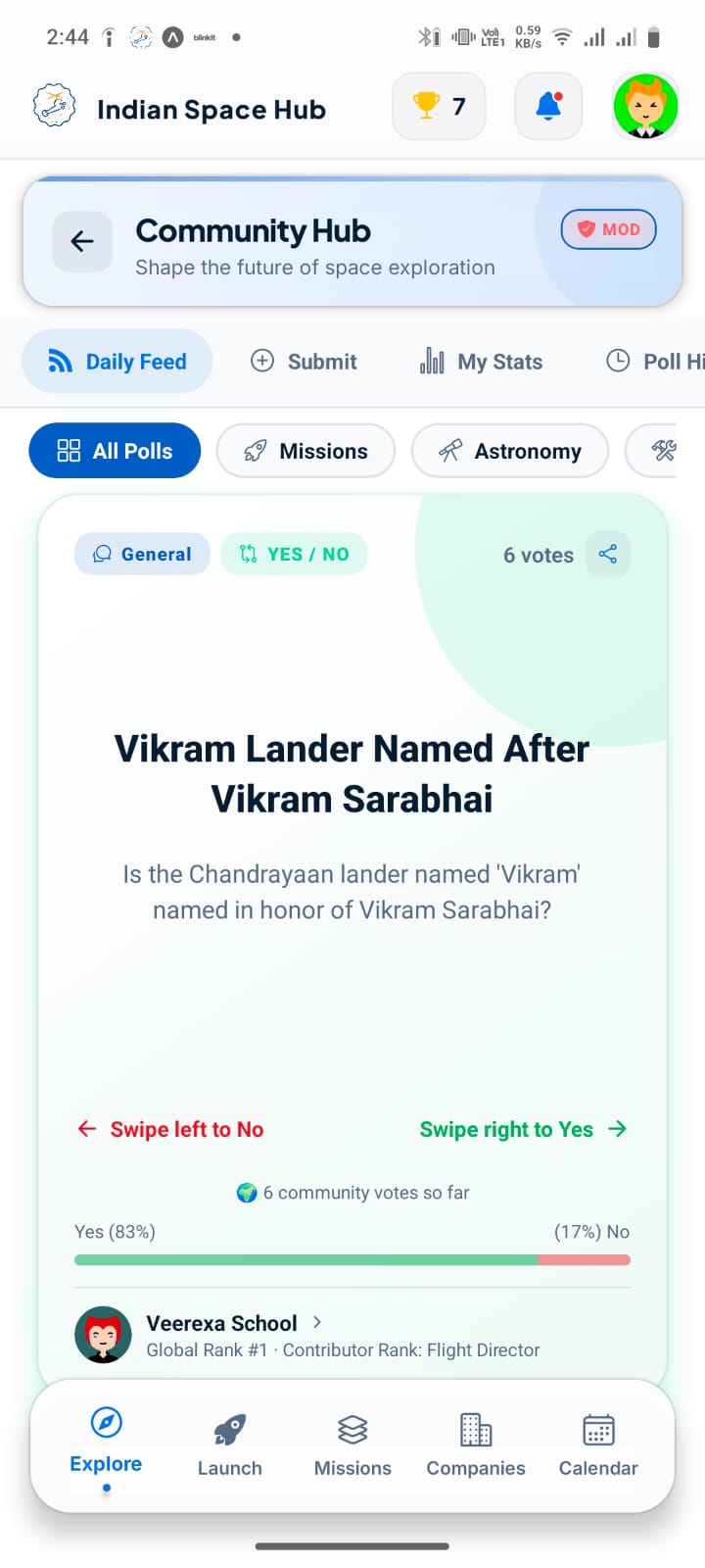 Indian Space Hub Community Hub: daily space polls with swipe-based voting, moderated content