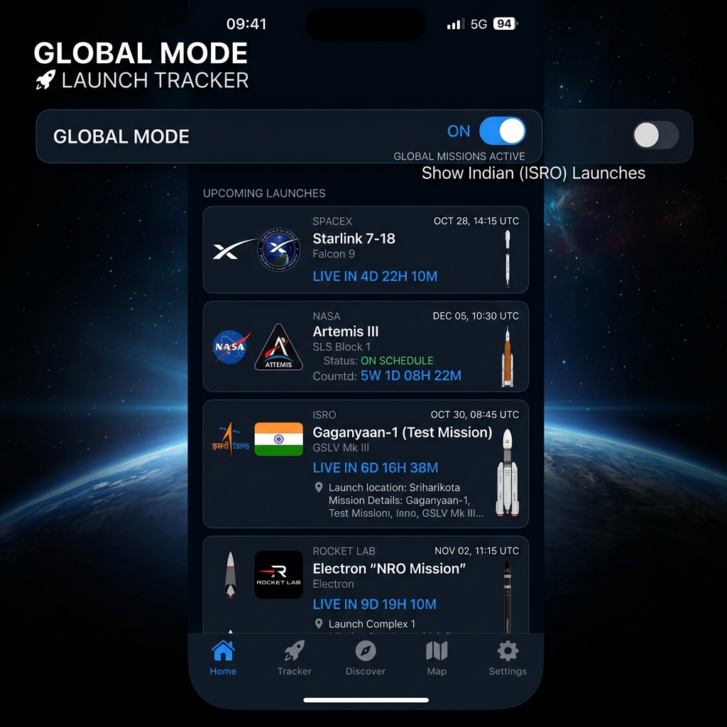 Global Mode Launch Tracker in Indian Space Hub app showing SpaceX, NASA, ISRO and Rocket Lab launches